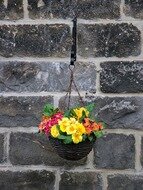 Picture of a grey brick wall and a hanging flowerpot with bright yellow, red and orange flowers
